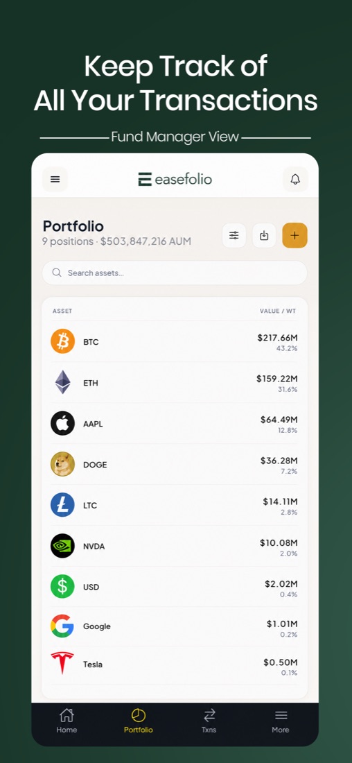 Easefolio app fund manager view showing the full portfolio with positions, values, and weights